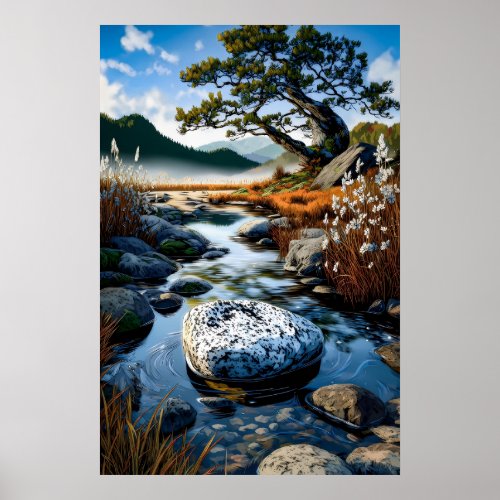 Serene Mountain Stream with Pine Tree Nature Art  Poster