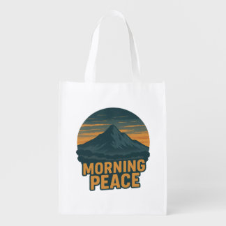 Serene Mountain Sunrise Retro Emblem Grocery Bag
