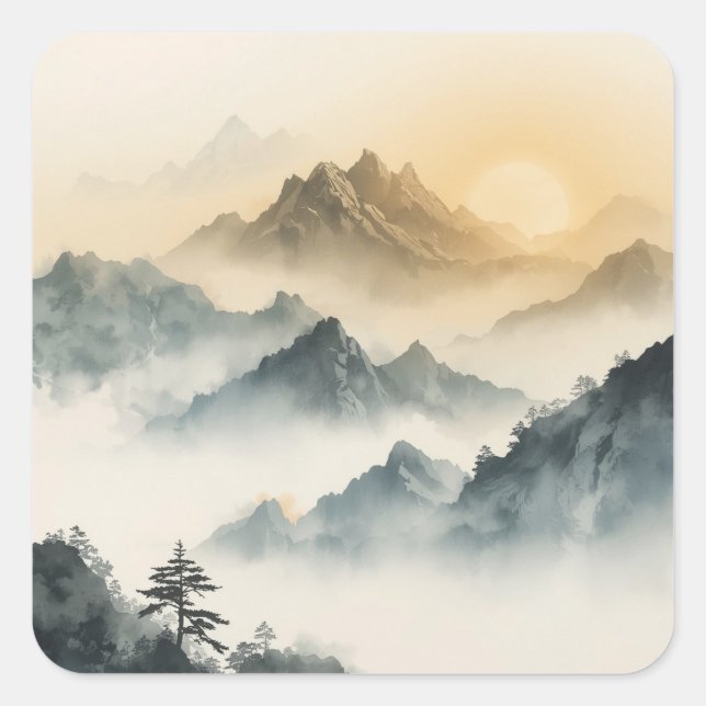 Serene Mountain Sunrise Square Sticker (Front)
