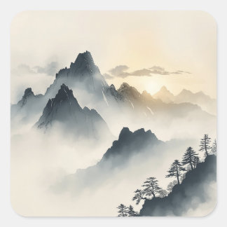 Serene Mountain Sunrise, Square Sticker