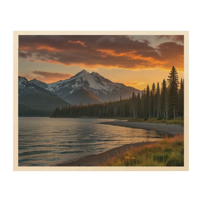 Serene Mountain Sunset by the Lake Wood Wall Art (Front)