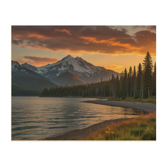Serene Mountain Sunset by the Lake Wood Wall Art (Front)