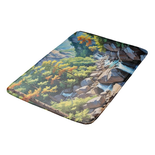 Serene Mountain Waterfall Landscape Bath Mat (Angled)