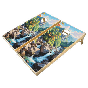 Serene Mountain Waterfall Landscape Cornhole Set