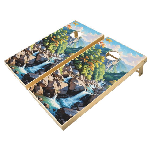 Serene Mountain Waterfall Landscape Cornhole Set (Angled)
