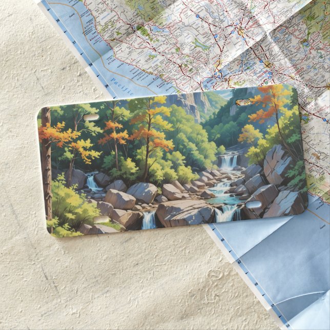 Serene Mountain Waterfall Landscape License Plate (In Situ)
