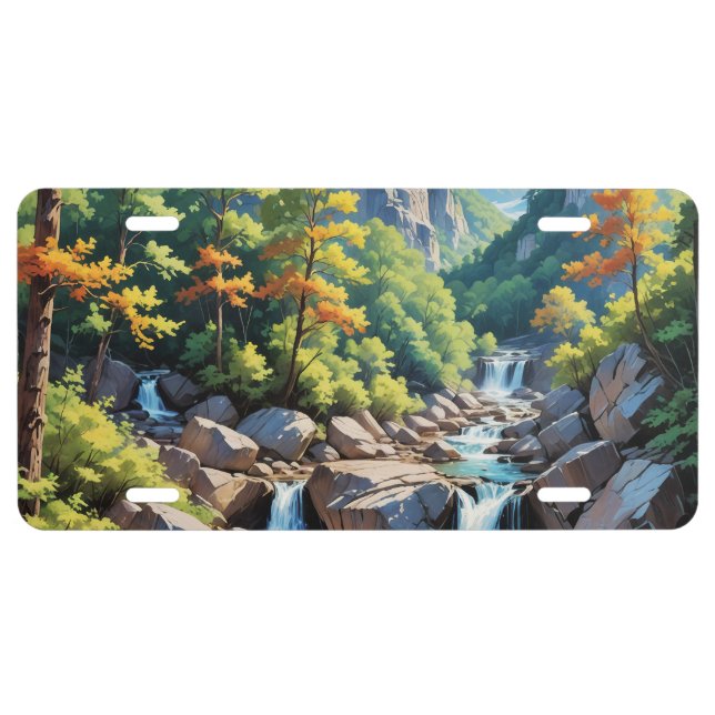 Serene Mountain Waterfall Landscape License Plate (Front)