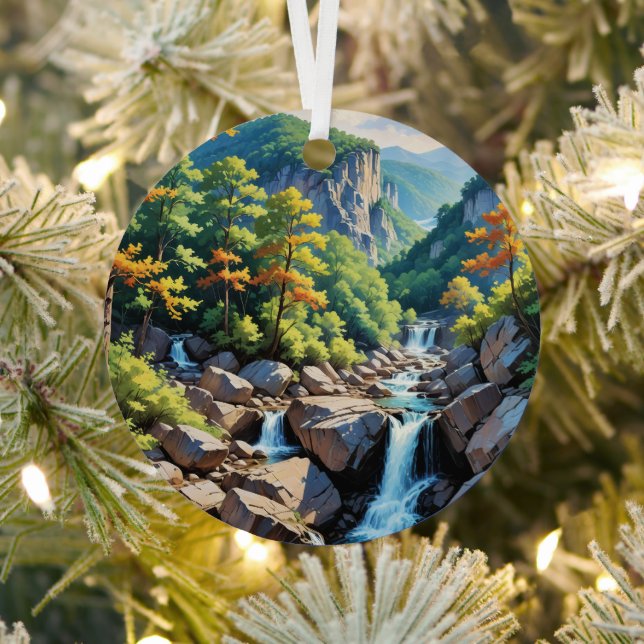 Serene Mountain Waterfall Landscape Metal Ornament (Insitu)