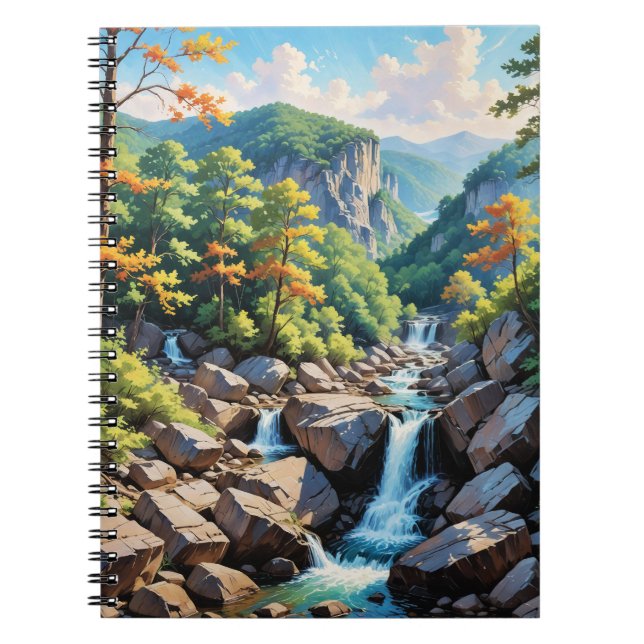 Serene Mountain Waterfall Landscape Notebook (Front)