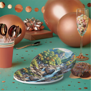 Serene Mountain Waterfall Landscape Paper Plates