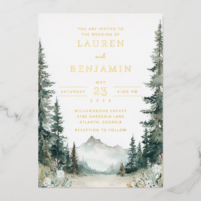 Serene Mountain Wedding Foil Invitation (Front)
