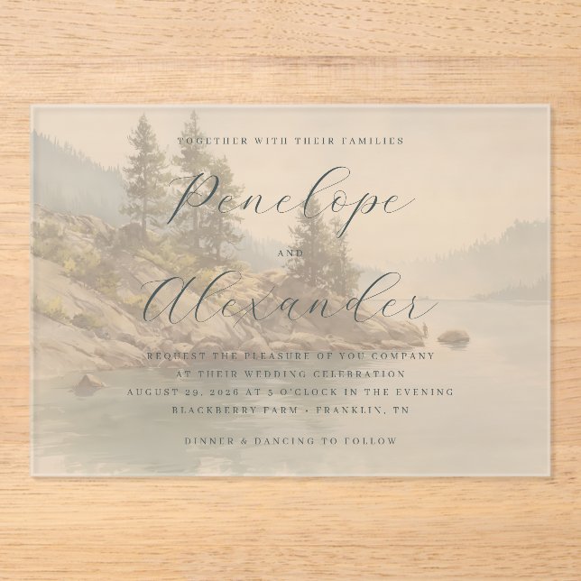 Serene Muted Green Lakeside Scene Acrylic Invitations (Front)