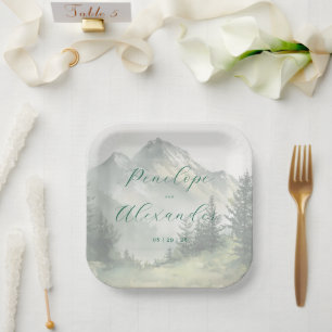 Serene Muted Green Watercolor Mountains Paper Plates