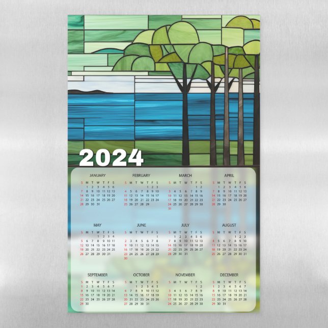 Serene Natural Scene Stained Glass 2024 Calendars Magnetic Dry Erase Sheet (Vertical)