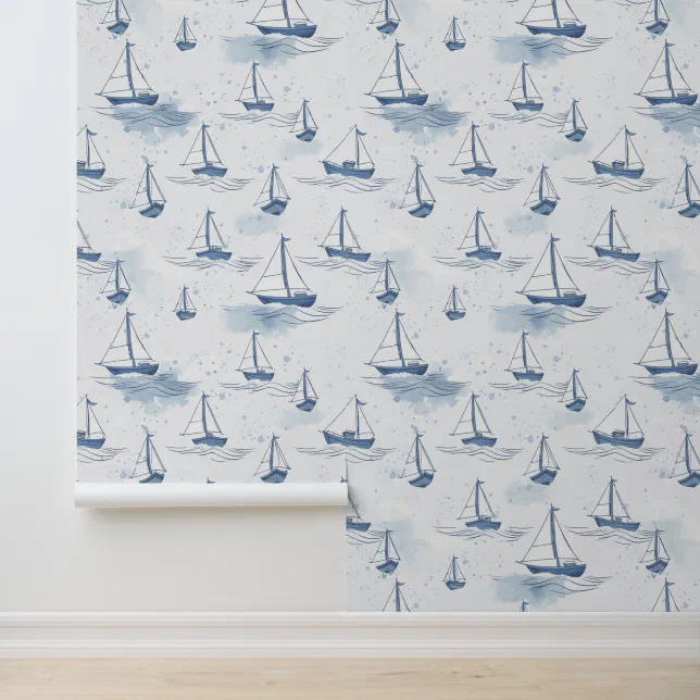 Serene Navy Blue Sailing Boats Pattern Wallpaper | Zazzle