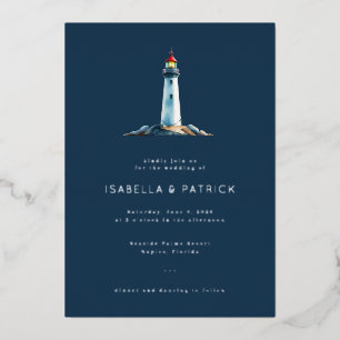 Serene Navy Lighthouse Illustration Foil Invitation