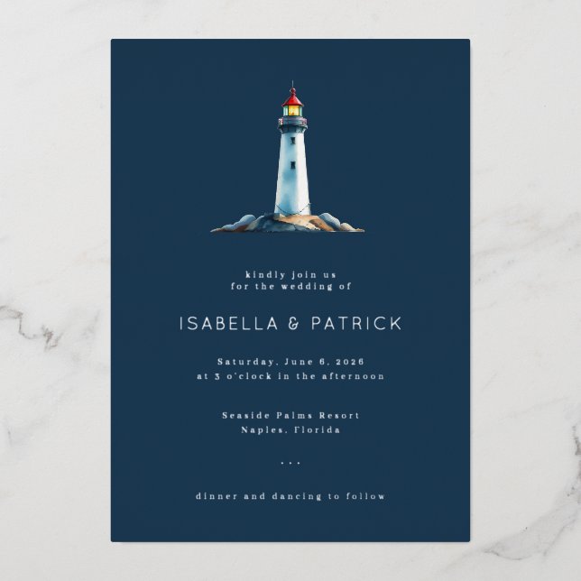 Serene Navy Lighthouse Illustration Foil Invitation (Front)