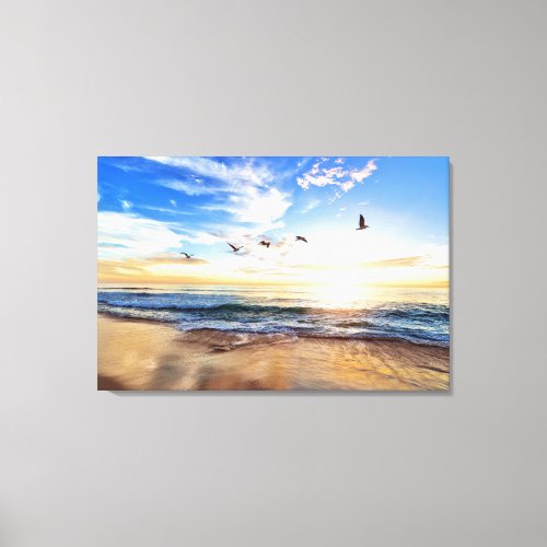 Serene Ocean Sunrise Birds Blue Sky Golden Shore Canvas Print