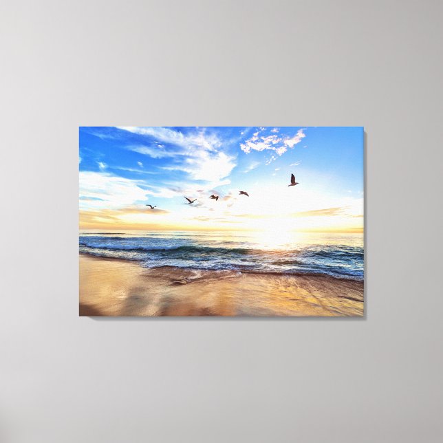 Serene Ocean Sunrise Birds Blue Sky Golden Shore Canvas Print (Front)