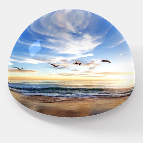 Serene Ocean Sunrise Birds Blue Sky Golden Shore Paperweight