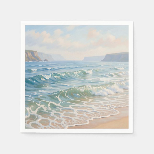 Serene Ocean Waves Crashing Sandy Beach Coastal  Napkins (Front)