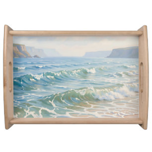 Serene Ocean Waves Crashing Sandy Beach Coastal Serving Tray