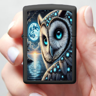Serene Owls Beneath the Midnight Blue Moon Zippo Lighter