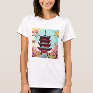 Serene Pagoda Amidst Blossoming Trees - Japanese T-Shirt