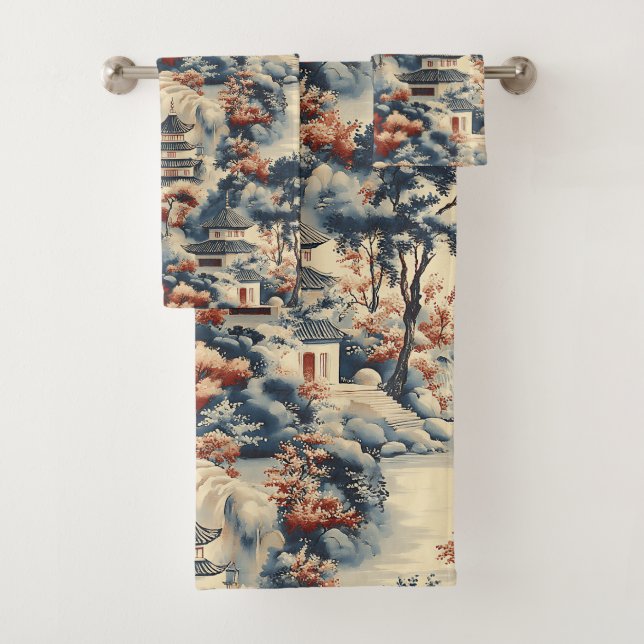 Serene Pagodas in a Mountainous Landscape Bath Towel Set (Insitu)