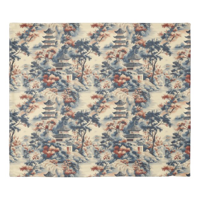 Serene Pagodas in a Mountainous Landscape Duvet Cover (Front)