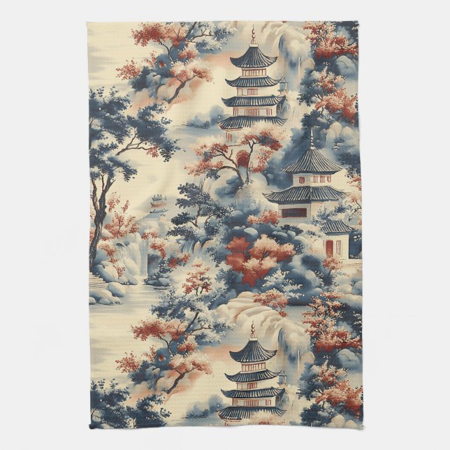Serene Pagodas in a Mountainous Landscape Kitchen Towel (Vertical)