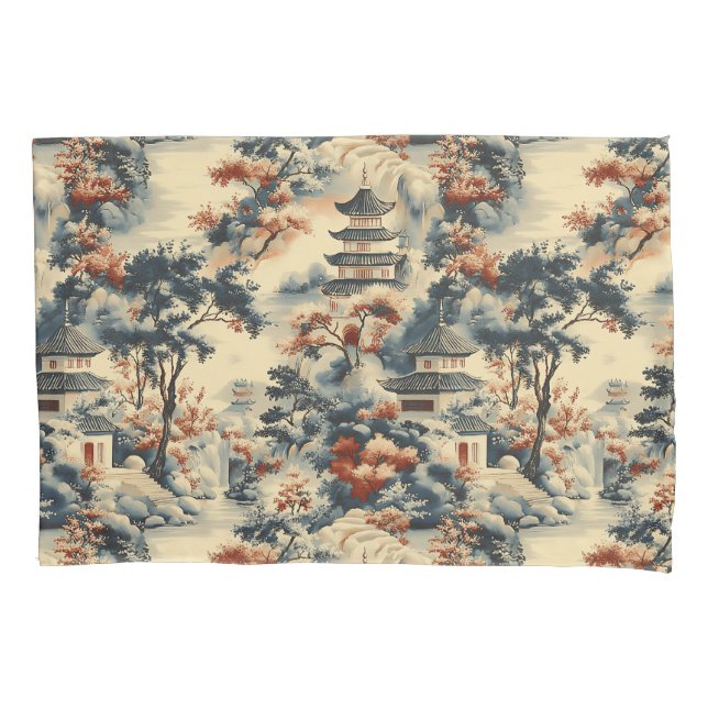 Serene Pagodas in a Mountainous Landscape Pillow Case (Front)