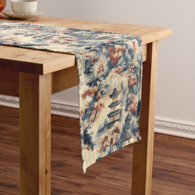 Serene Pagodas in a Mountainous Landscape Short Table Runner (In Situ)