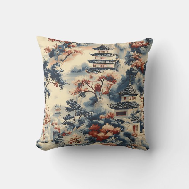 Serene Pagodas in a Mountainous Landscape Throw Pillow (Front)