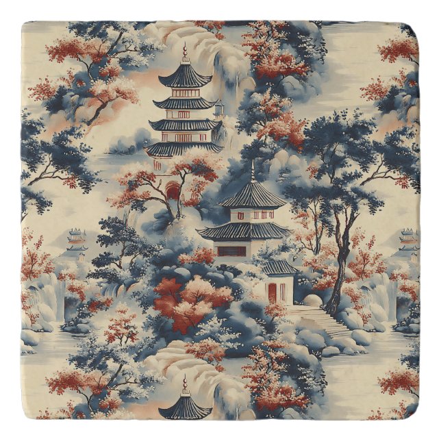 Serene Pagodas in a Mountainous Landscape Trivet (Front)