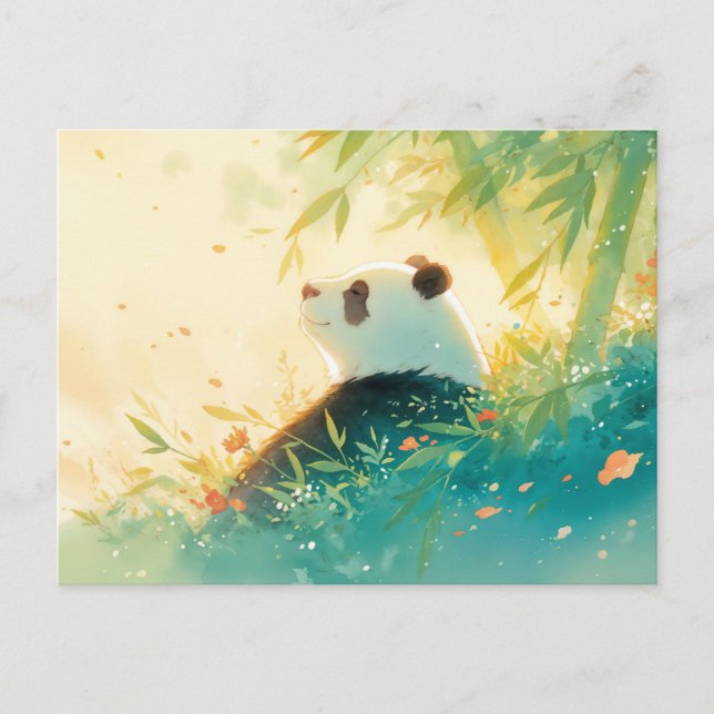 Serene Panda in Sunlit Bamboo Forest Postcard (Front)