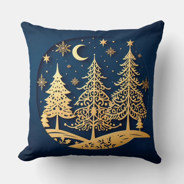Serene Papercut Pines – Moonlit Forest Throw Pillow (Front)