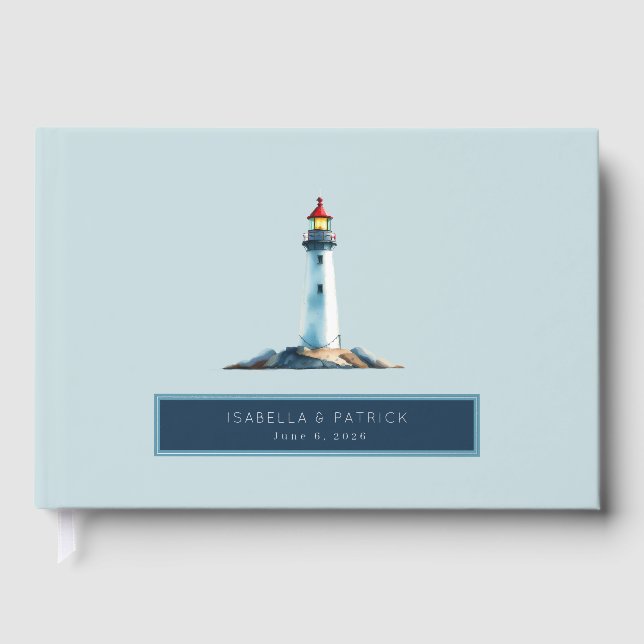Serene Pastel Blue Lighthouse Illustration Foil Guest Book (Front)