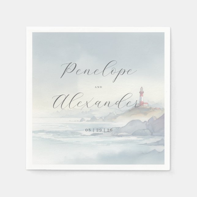 Serene Pastel Coastal Lighthouse Napkins (Front)