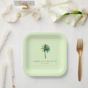 Serene Pastel Green Palm Tree Illustration Paper Plates