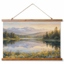 Serene Pastel Landscape Tapestry – Mountains, Lake