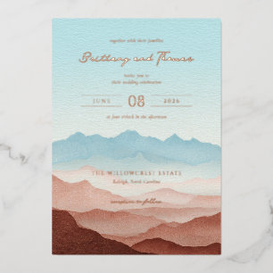 Serene Pastel Mountain Silhouettes Foil Invitation