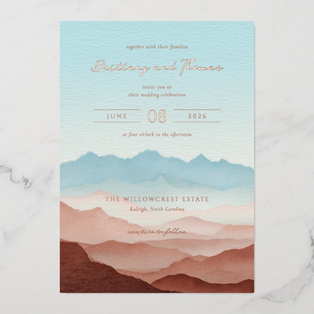 Serene Pastel Mountain Silhouettes Foil Invitation (Front)