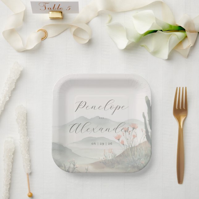 Serene Pastel Watercolor Landscape Paper Plates (Wedding)