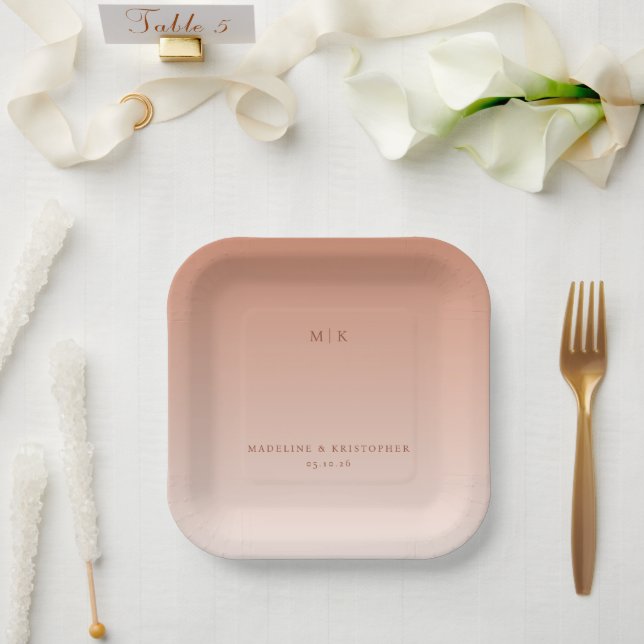 Serene Peach Minimalist Typographic Paper Plates (Wedding)