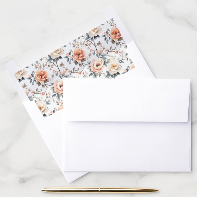 Serene Peach Vintage Floral Peonies Envelope Liner (Desk)