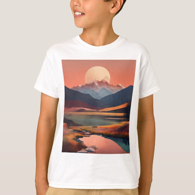 Serene Peaks: A Minimalist Landscape T-Shirt  (Front)