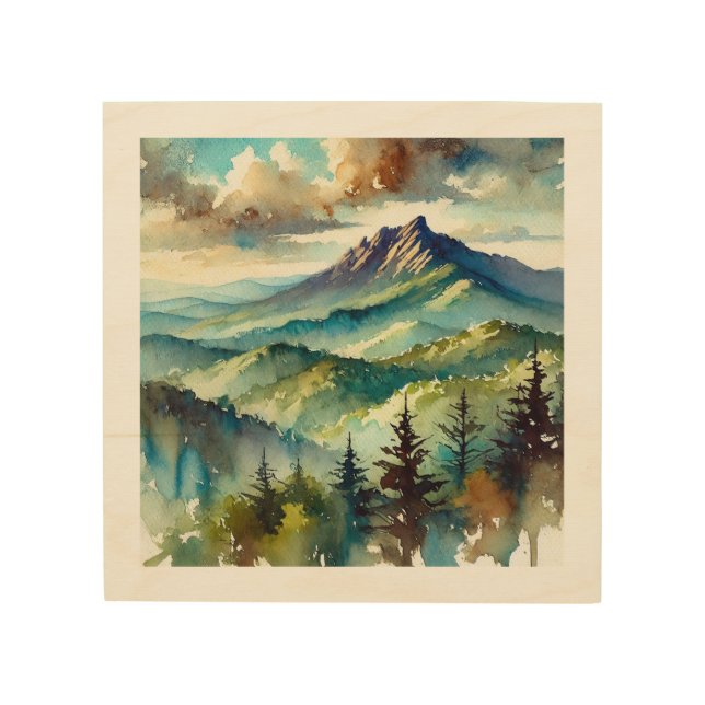 Serene Peaks in Watercolor Wood Wall Art (Front)