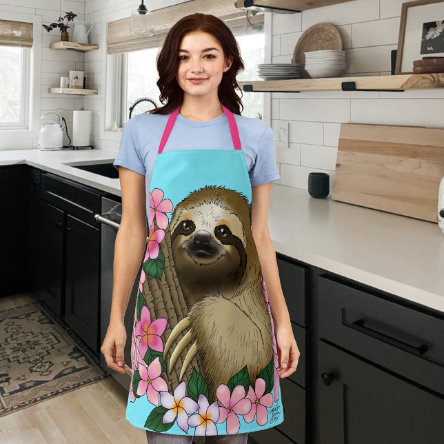 Serene Pink Lighthearted Sloth Floral Apron (Creator Uploaded)