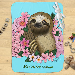 Serene Pink Lighthearted Sloth Floral Baby Blanket